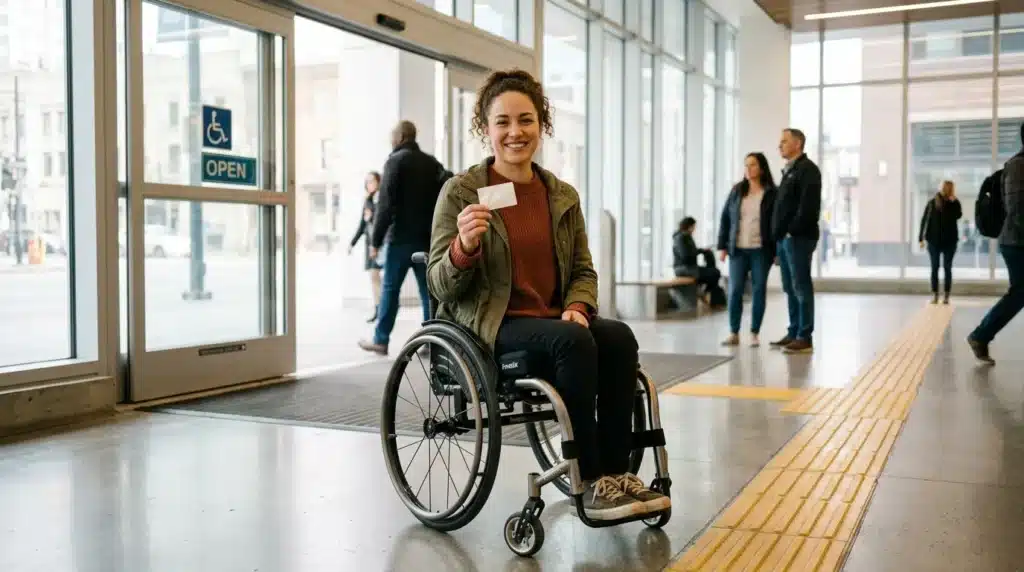 Femme en fauteuil roulant tenant un ticket dans un bâtiment accessible