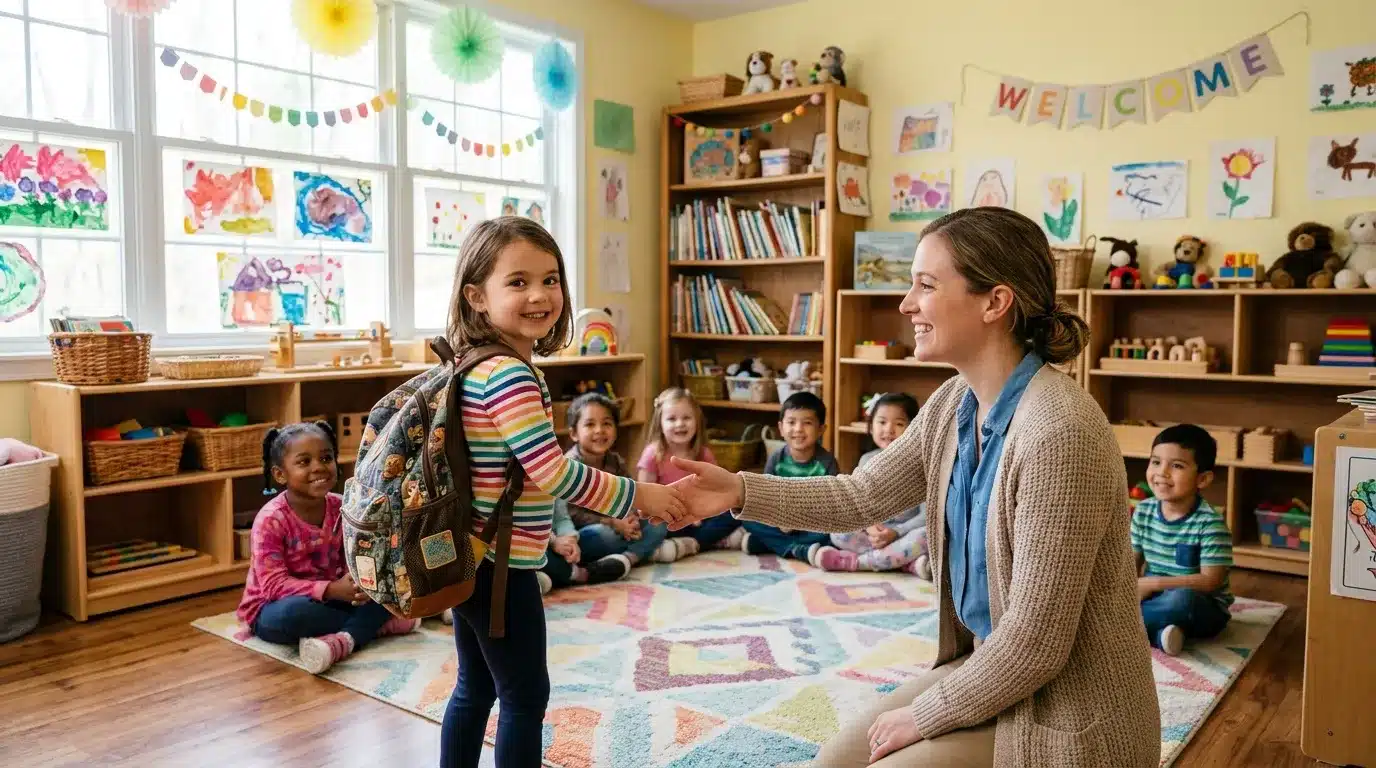 Enseignante accueille une fillette à la maternelle avec ses camarades