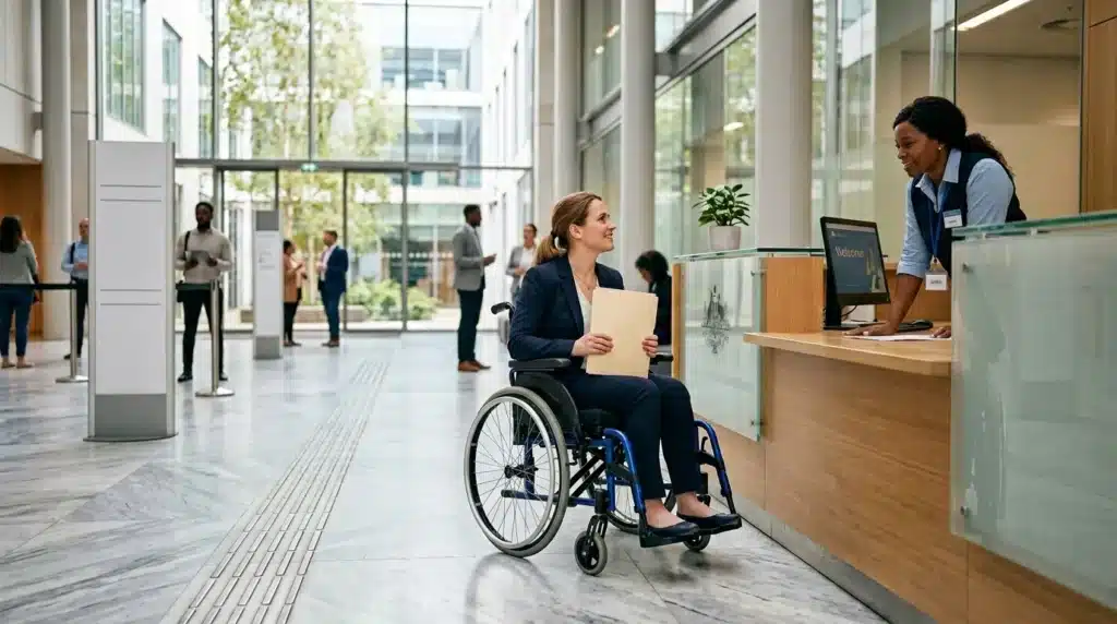 Femme en fauteuil roulant à la réception d'un immeuble moderne