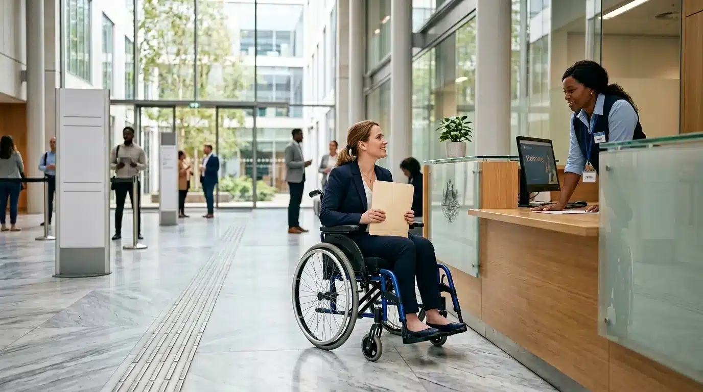 Femme en fauteuil roulant à la réception d'un immeuble moderne