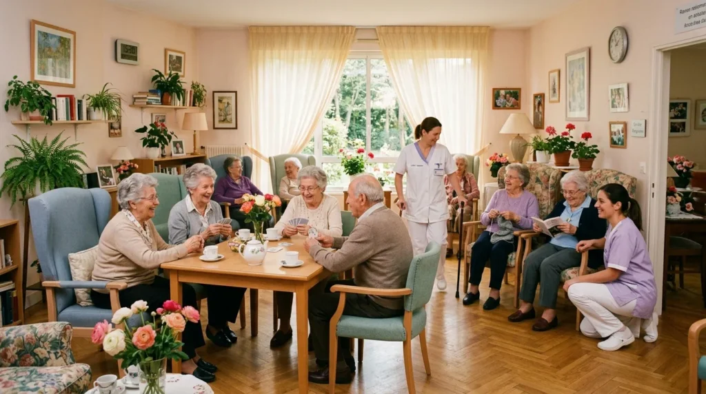 Personnes âgées jouant aux cartes en maison de retraite avec soignants