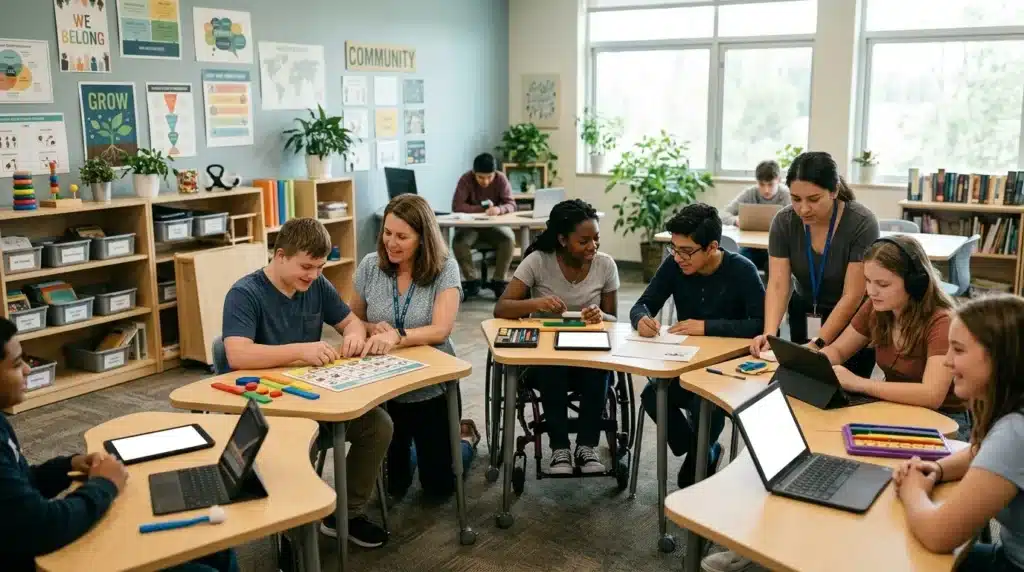 Enseignante et élèves en classe collaborative avec technologies