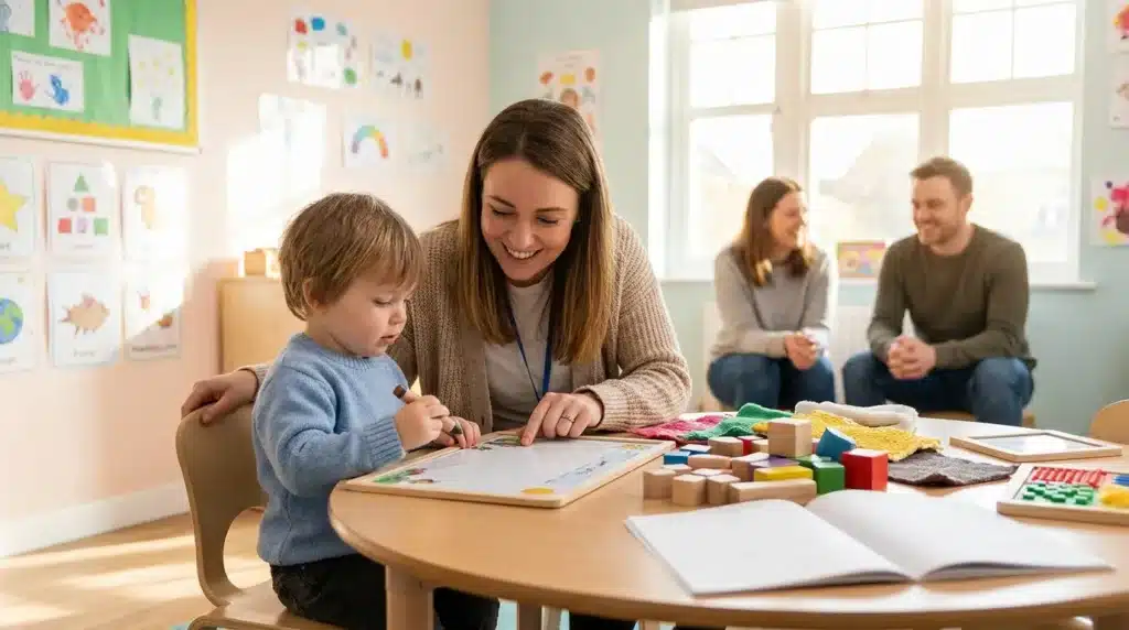 Éducatrice guide un enfant dans une activité créative en classe
