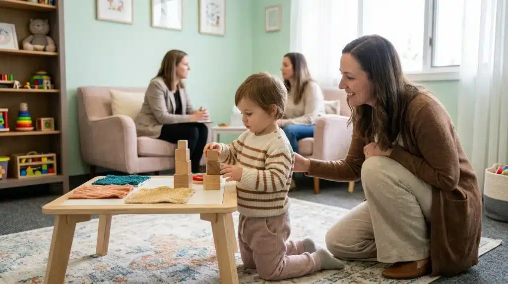 Éducatrice et enfant jouant avec des blocs en bois