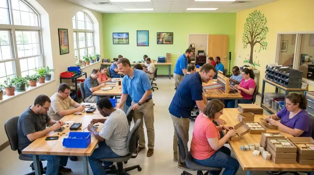 Groupe de personnes assemblez des composants électroniques à des tables.