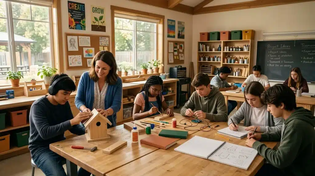 Étudiants et enseignante réalisent des projets créatifs en classe