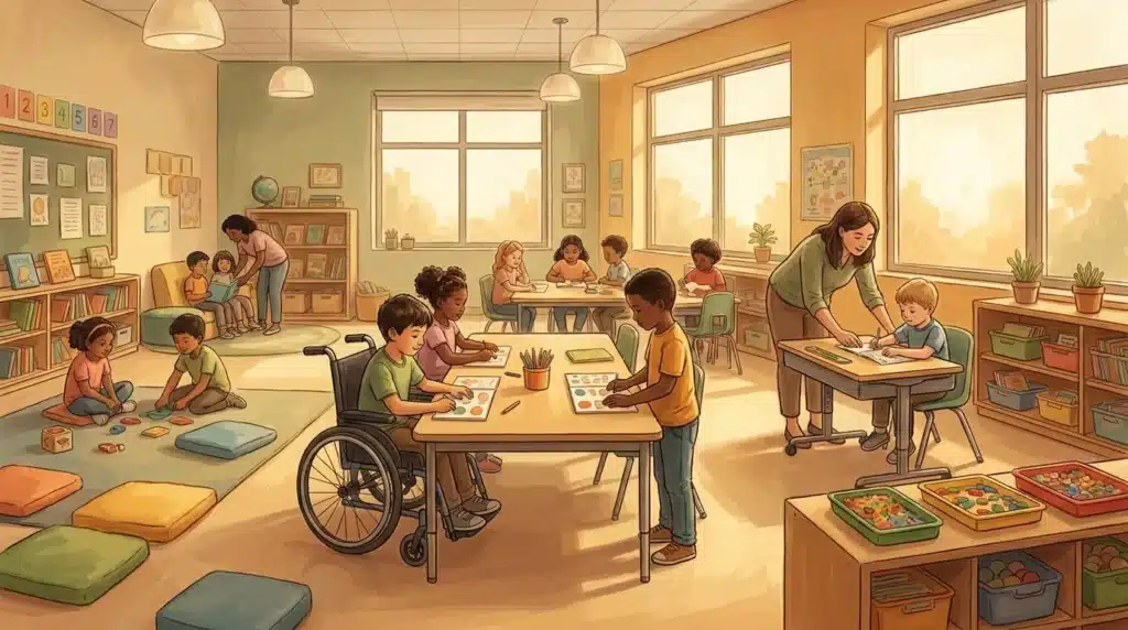 Enfants de tous horizons apprennent ensemble dans une salle de classe lumineuse et accueillante.