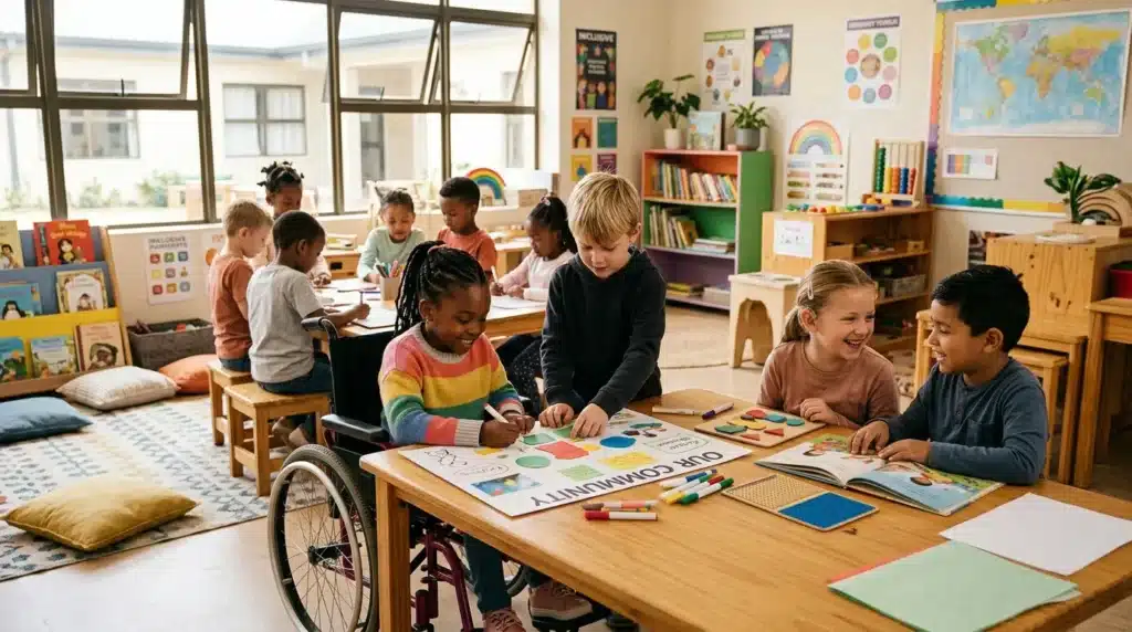 Enfants de diverse origines apprenant ensemble dans une salle de classe colorée