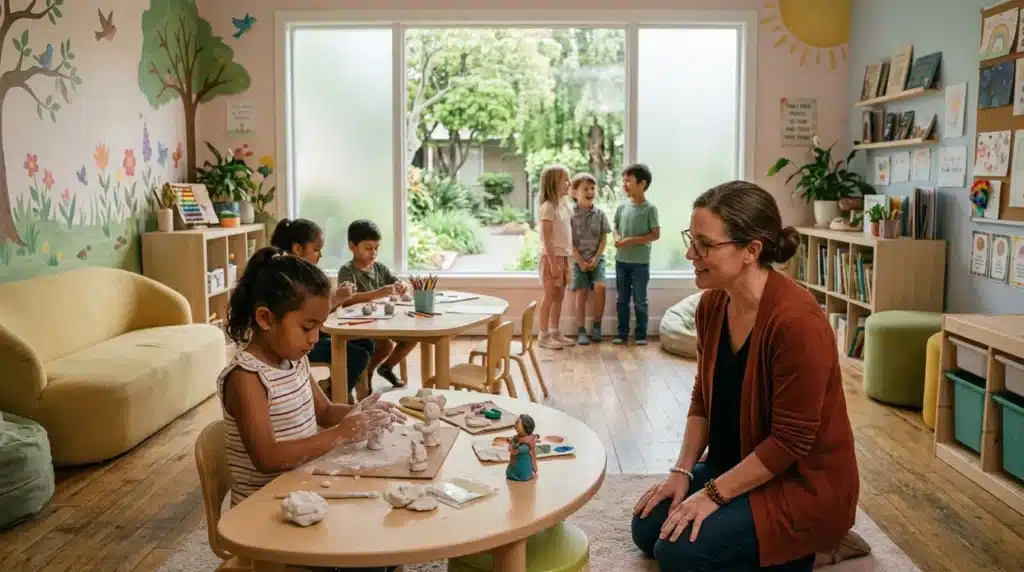 Enseignante supervise enfants dans une salle de classe colorée et moderne