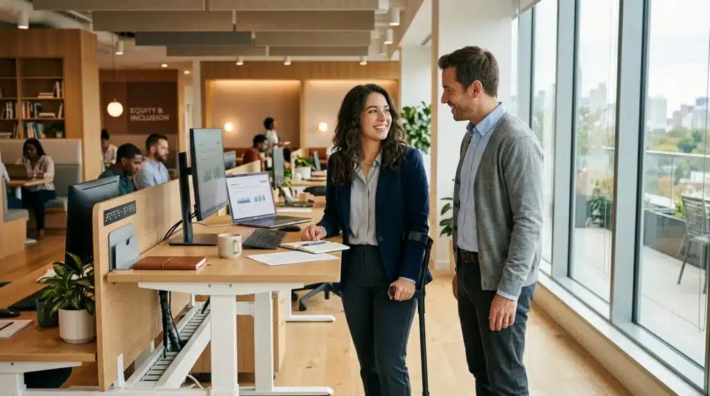 Deux collègues discutent près d'un bureau moderne en open space