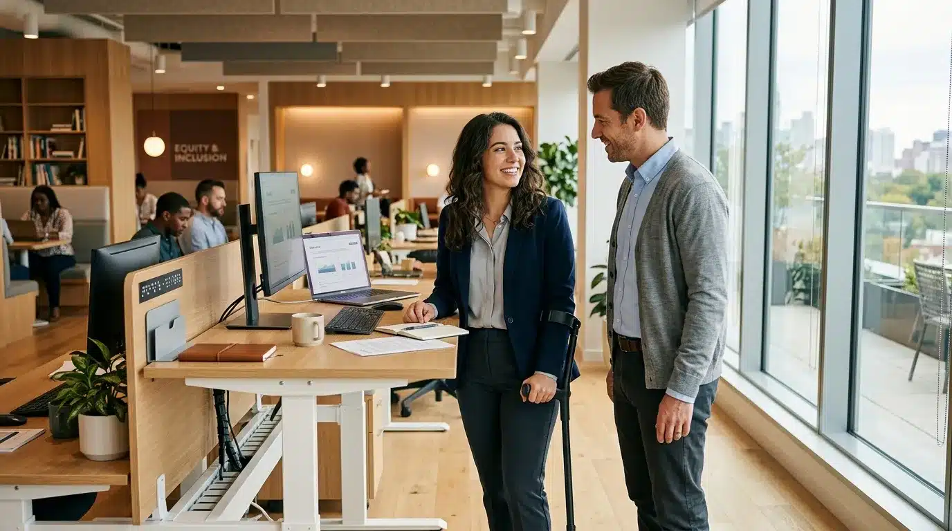 Deux collègues discutent près d'un bureau moderne en open space
