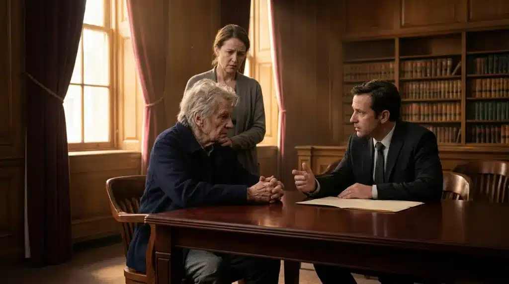 Avocat discutant avec client âgé dans un cabinet juridique élégant.