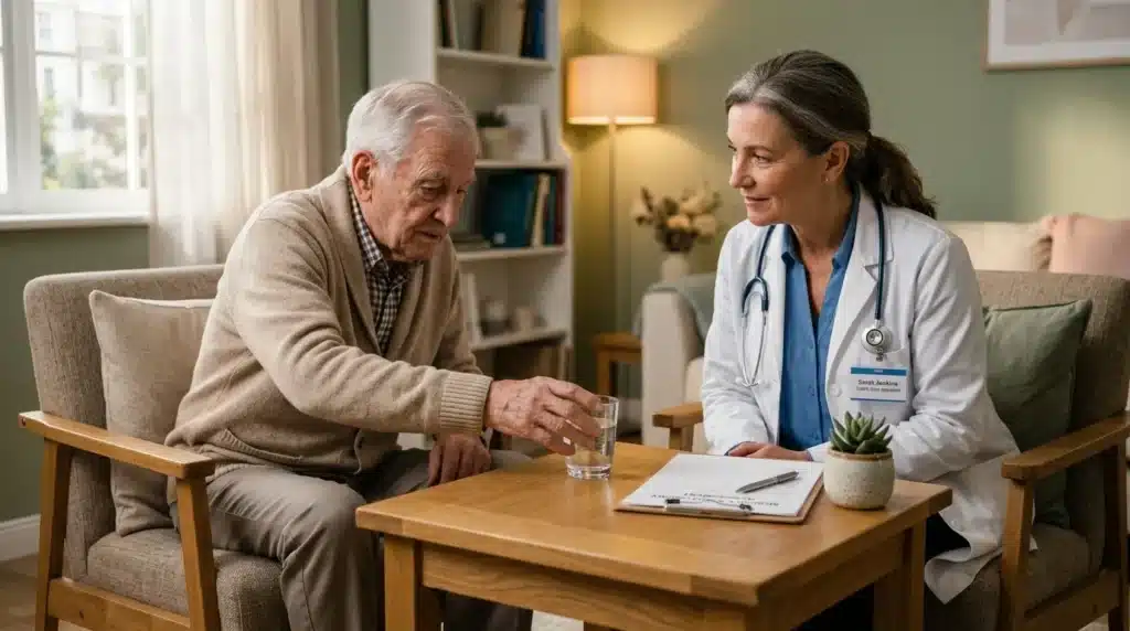 Médecin en consultation avec patient âgé assis