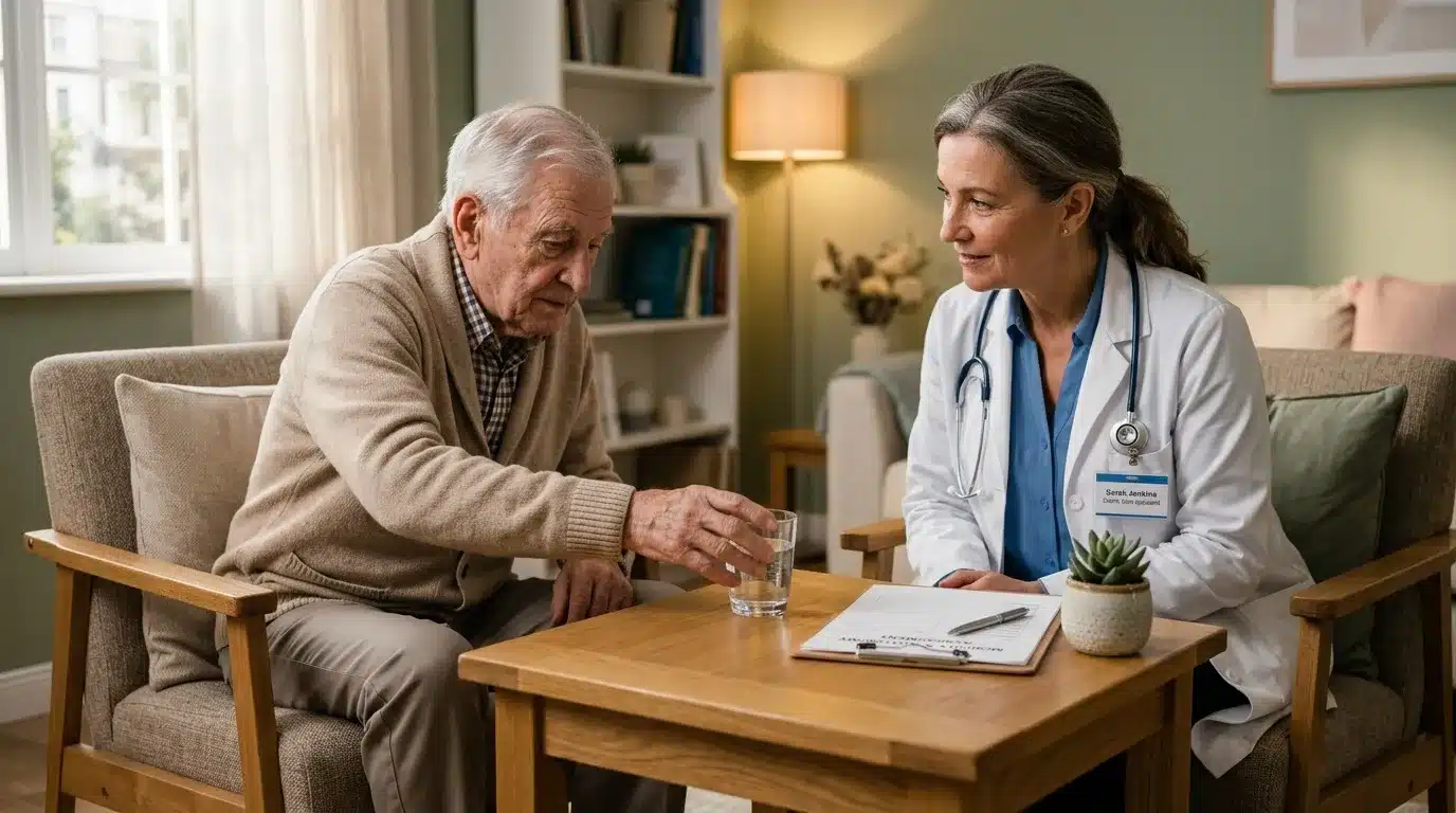 Médecin en consultation avec patient âgé assis