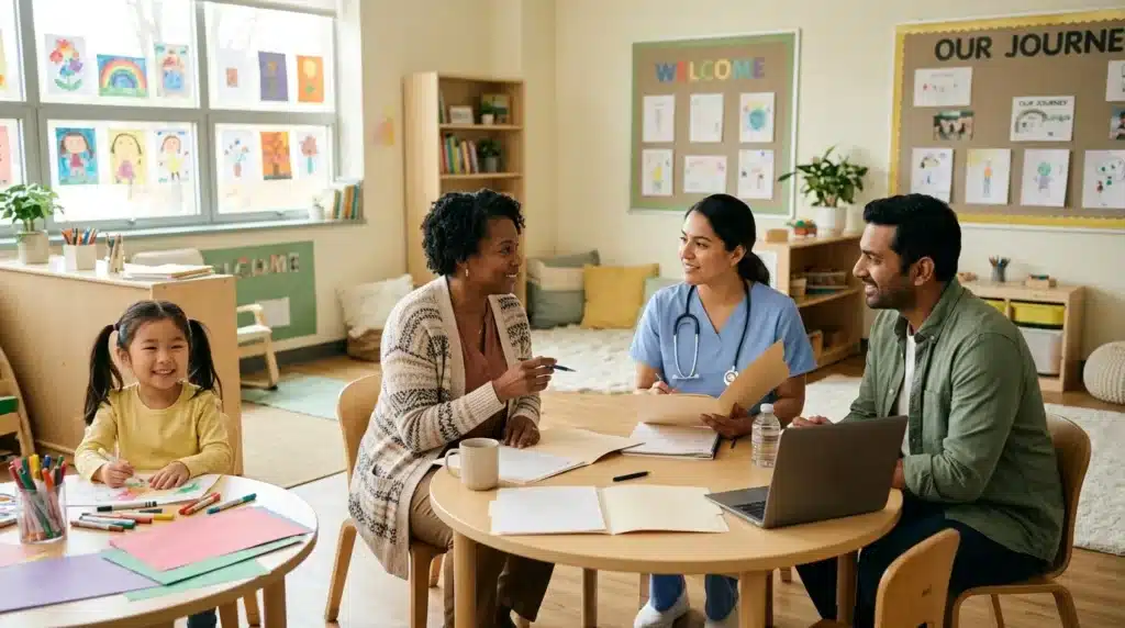 Infirmière discute avec parents et enfant à l'école.