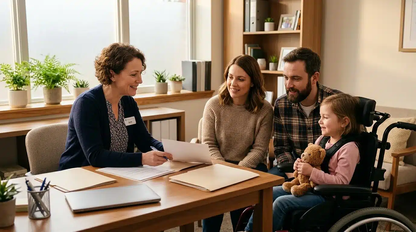 Professionnelle discute avec famille et enfant en fauteuil roulant
