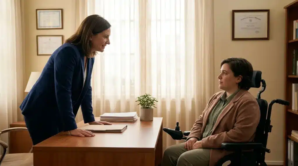 Femme en fauteuil roulant discute avec professionnelle en bureau