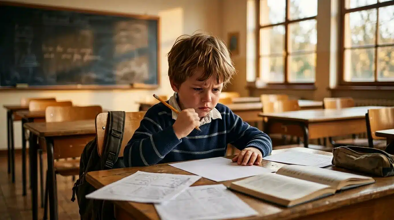 Jeune garçon réfléchit en faisant ses devoirs en classe vide