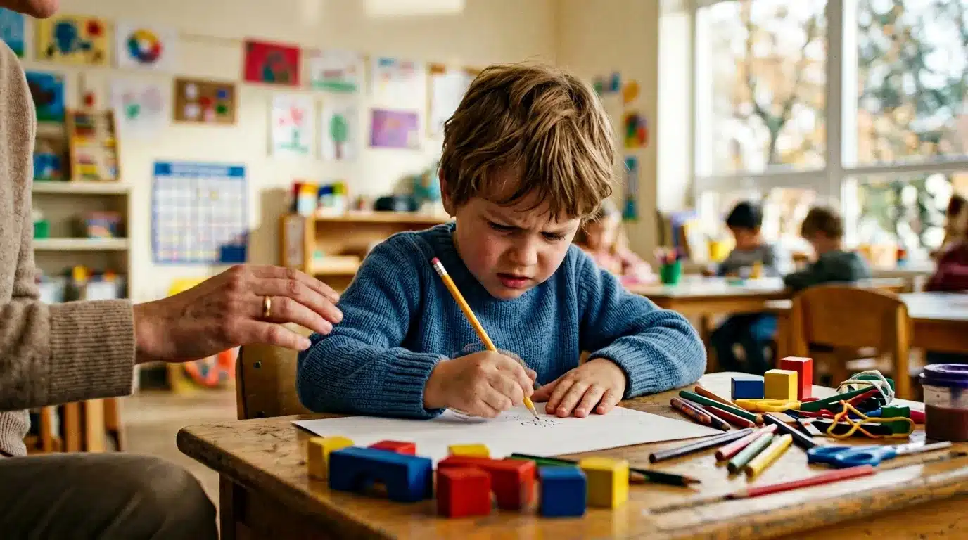 Jeune enfant dessine au crayon à l'école sous supervision