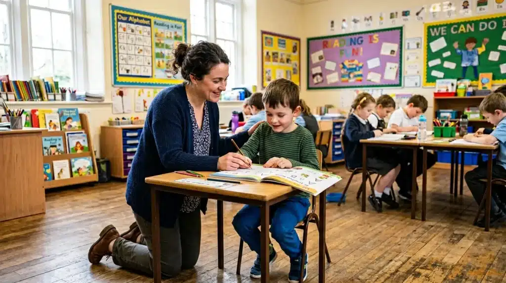 Professeur agenouillée aide jeune élève à écrire en classe