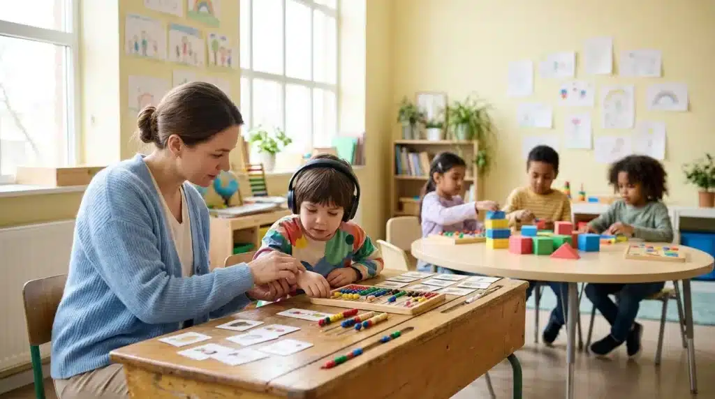 Professeur aide un enfant avec des perles colorées à l'école