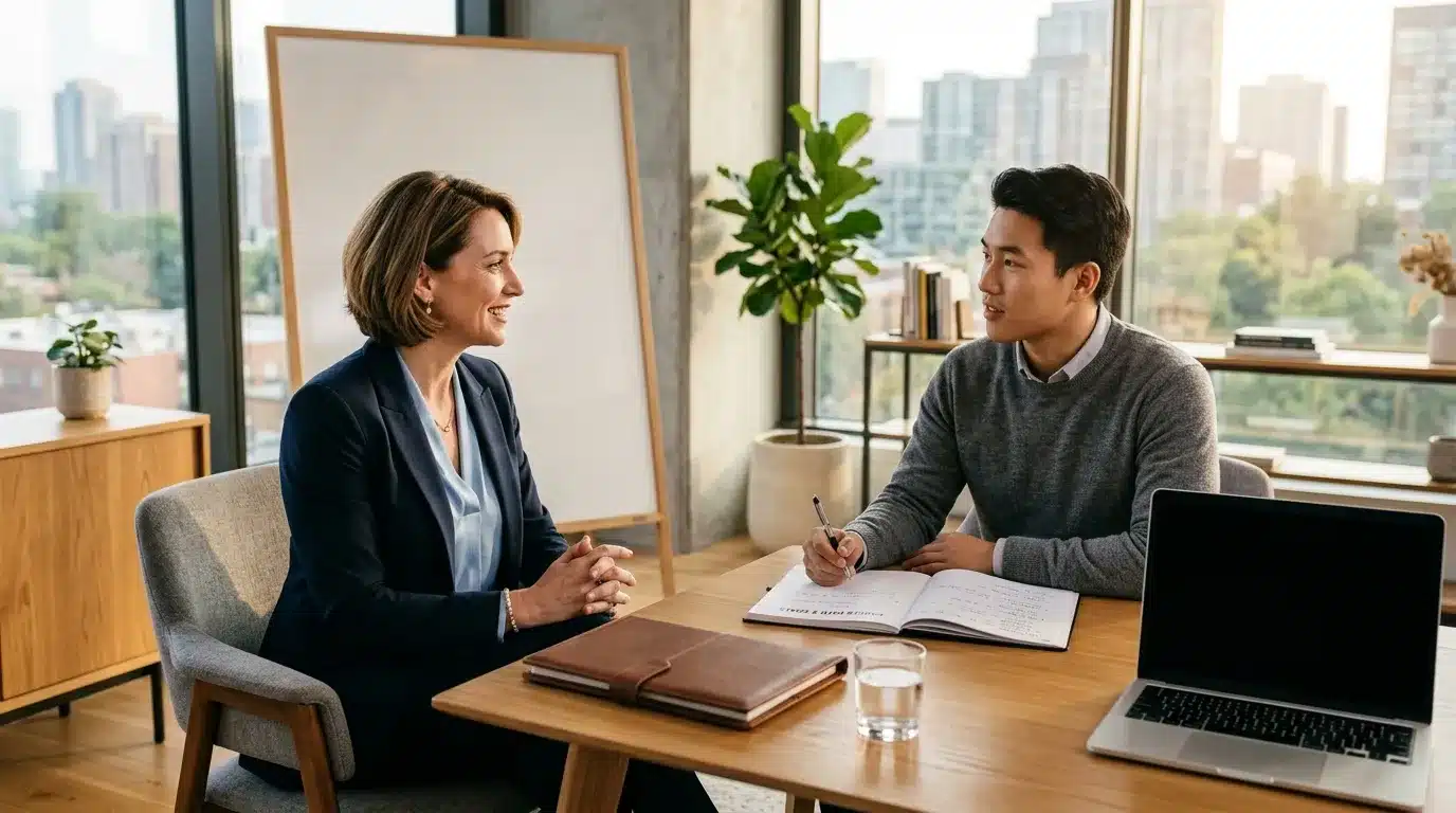 Deux professionnels discutent à un bureau avec vue urbaine