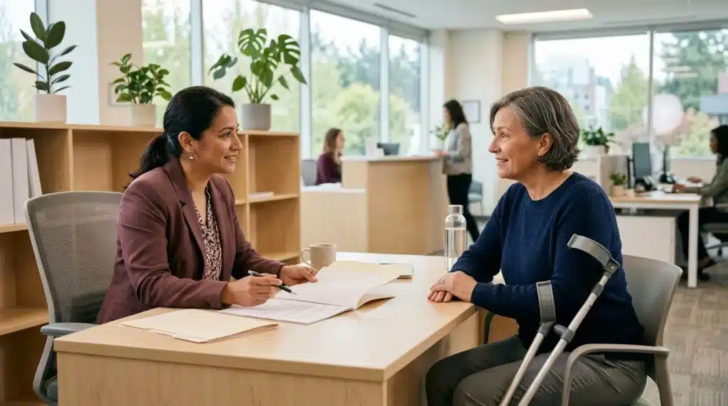Deux femmes discutent à une table de réunion dans un bureau lumineux