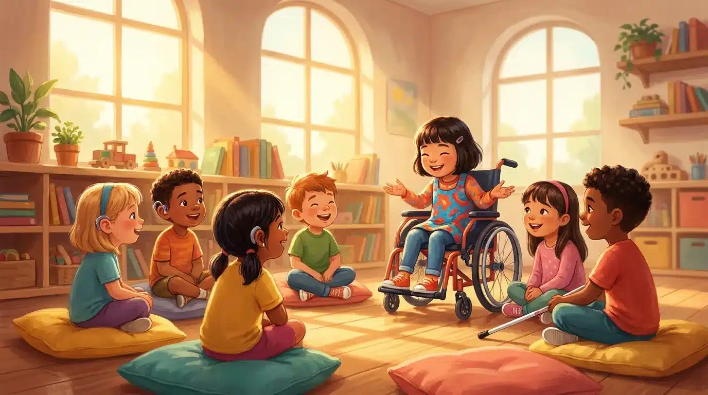 Enfants de diverses origines jouent ensemble, une fille en fauteuil roulant incluse