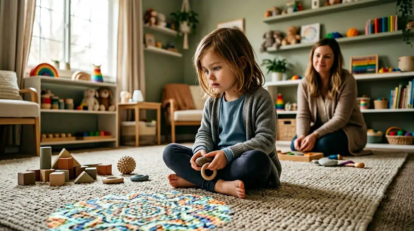 Enfant jouant avec jouets en bois, mère supervisant