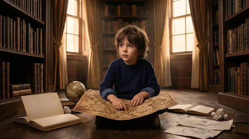 Enfant examine une carte ancienne dans une bibliothèque