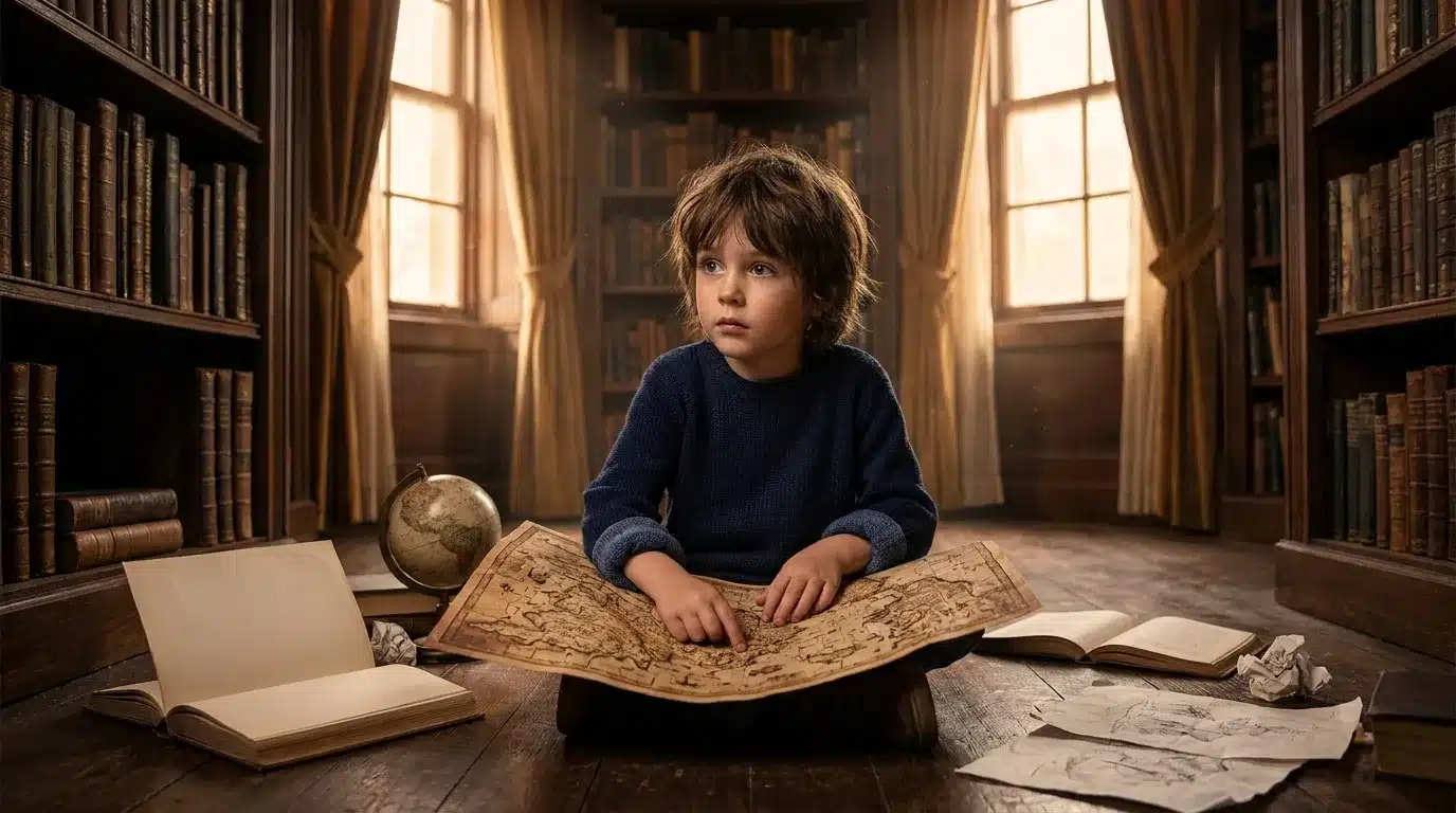 Enfant examine une carte ancienne dans une bibliothèque