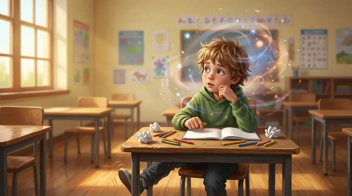 Enfant pensif à son bureau avec idées lumineuses magiques