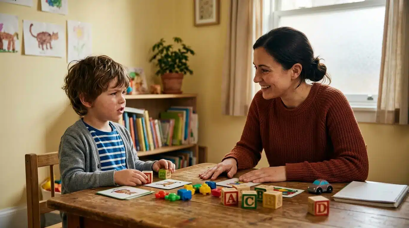 Femme et enfant jouent avec des cubes éducatifs à table
