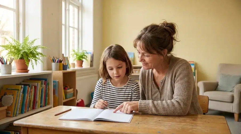 Une femme aide une enfant à lire un livre à table