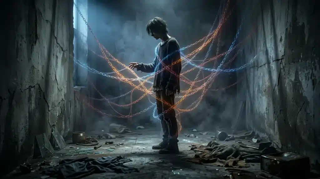 Adolescent entouré d'énergie électrique bleue et orange dans ruines abandonnées