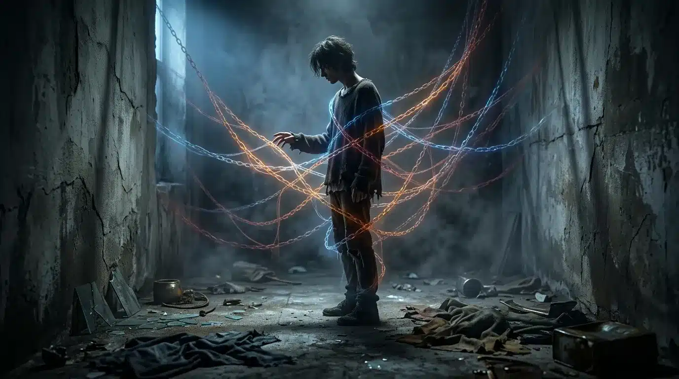 Adolescent entouré d'énergie électrique bleue et orange dans ruines abandonnées