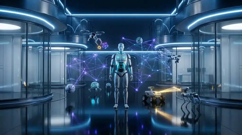 Robot humanoïde central connecté à réseau de drones et robots