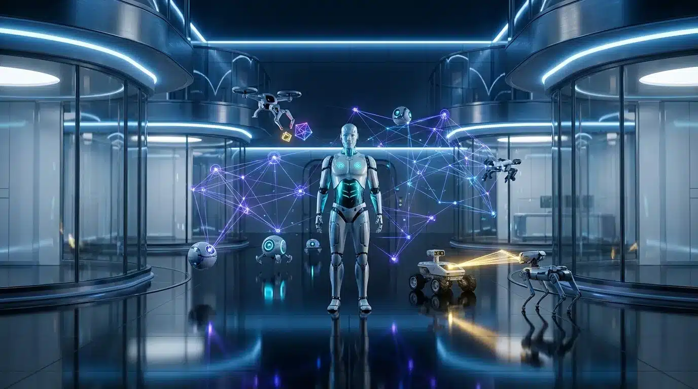 Robot humanoïde central connecté à réseau de drones et robots