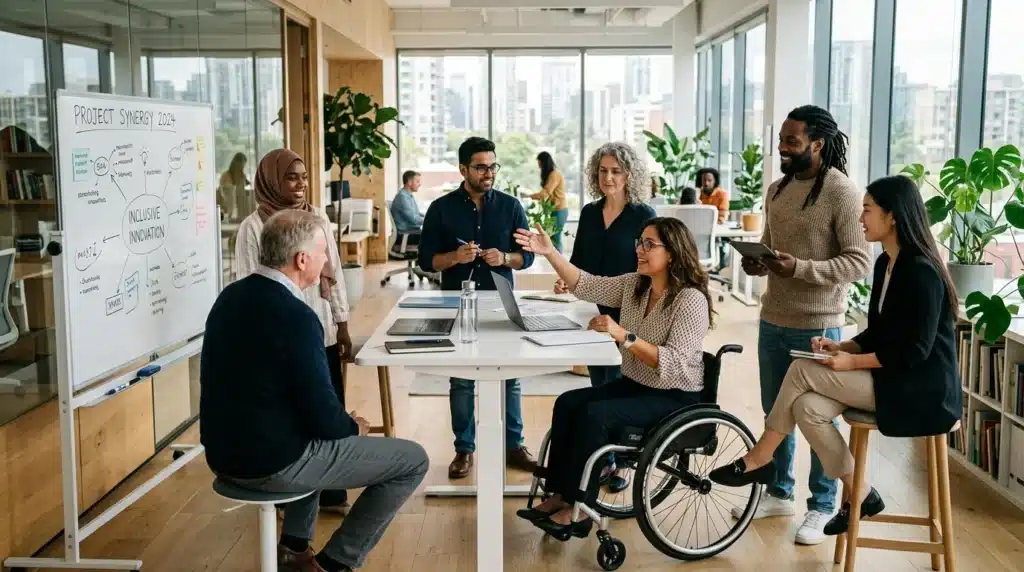 Équipe diverse en réunion autour d'une table, incluant une personne en fauteuil roulant