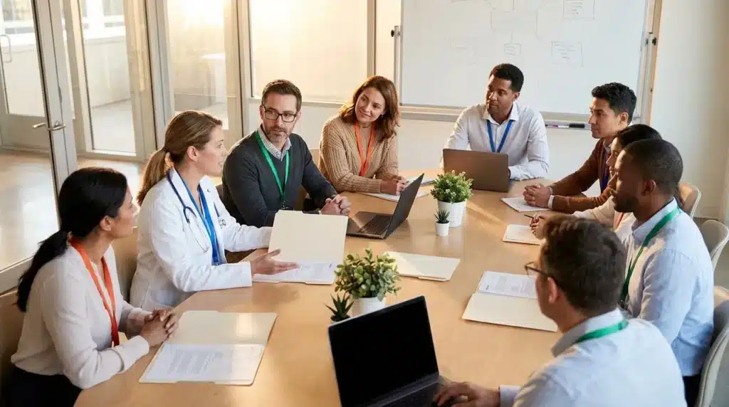 Groupe de professionnels en réunion autour d'une table