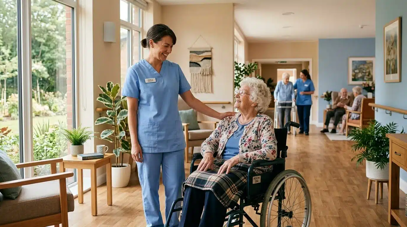 Infirmière souriante accompagne une patiente âgée en fauteuil roulant