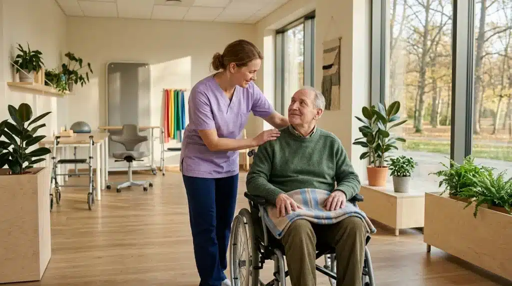Infirmière assistant un patient âgé en fauteuil roulant