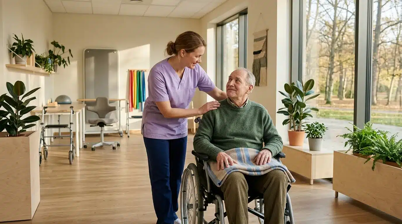 Infirmière assistant un patient âgé en fauteuil roulant