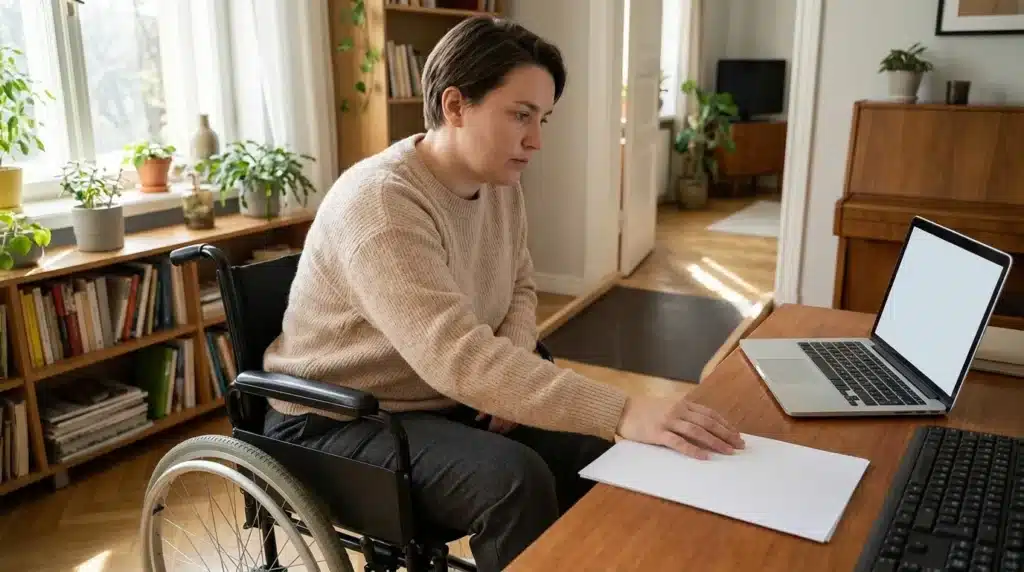 Personne en fauteuil roulant travaillant à son bureau avec ordinateur