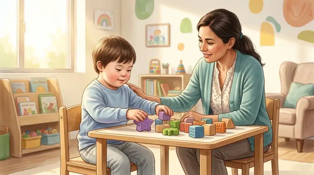 Une mère et son jeune enfant jouent avec des blocs colorés à table.