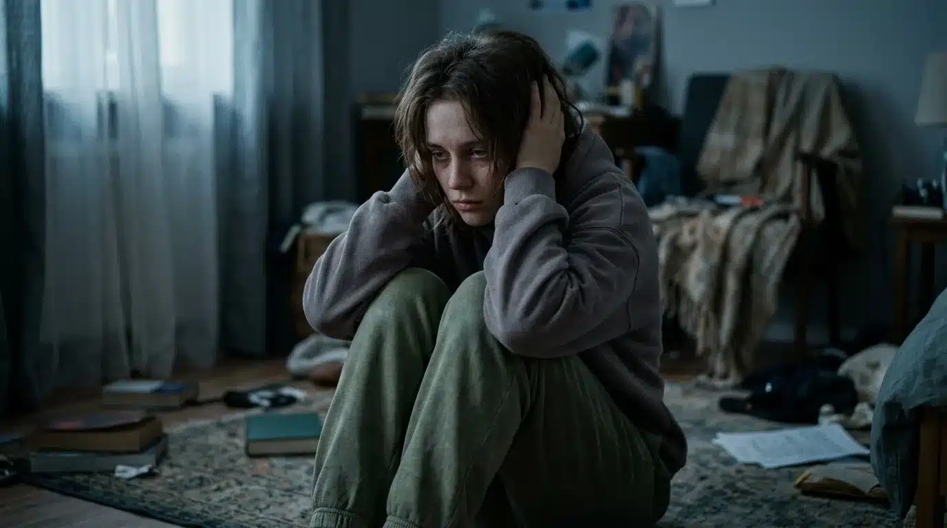 Jeune fille assise seule, regard triste, chambre désordonnée