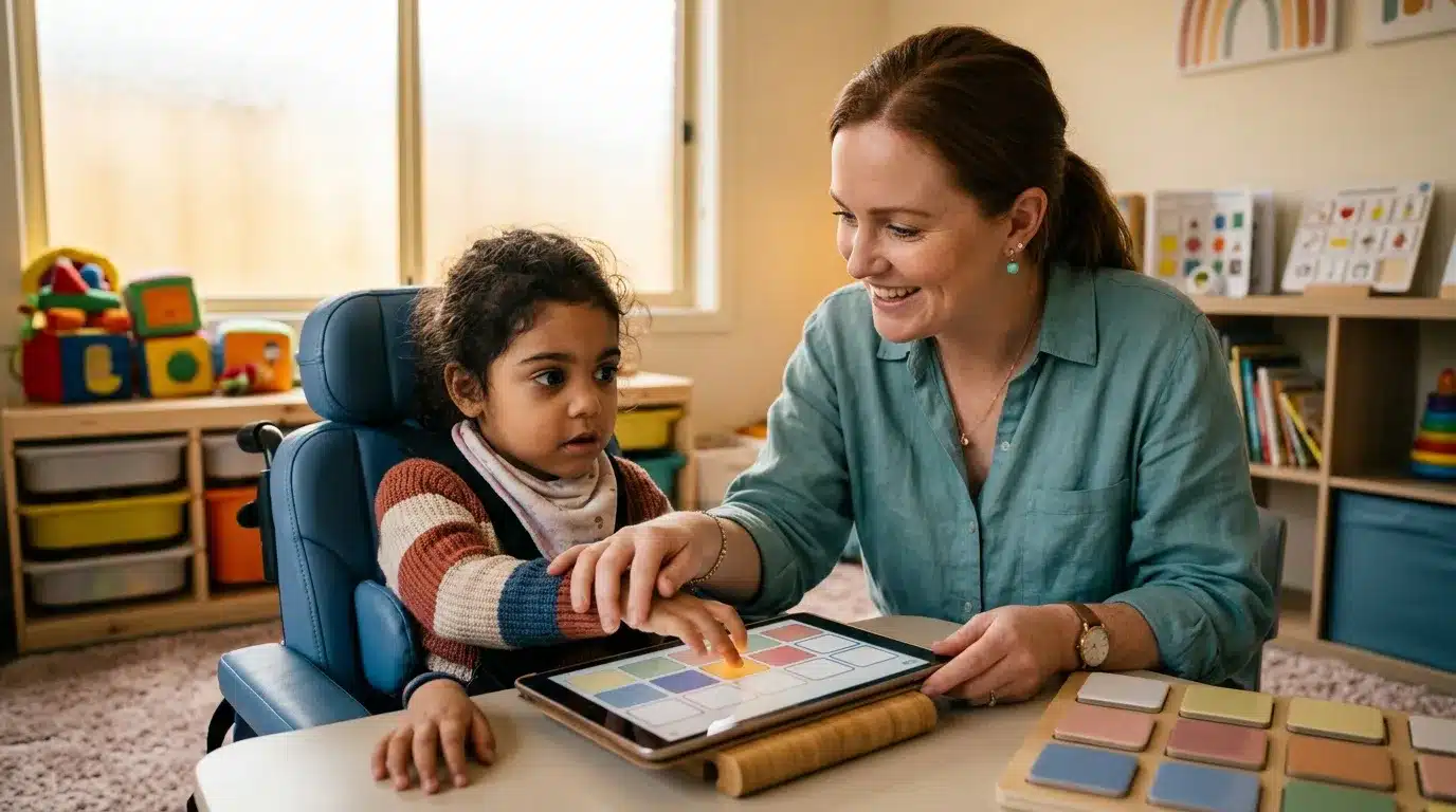 Enseignante et enfant explorant une tablette éducative ensemble