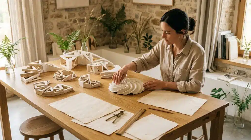 Femme designer créant des modèles architecturaux en bois blanc