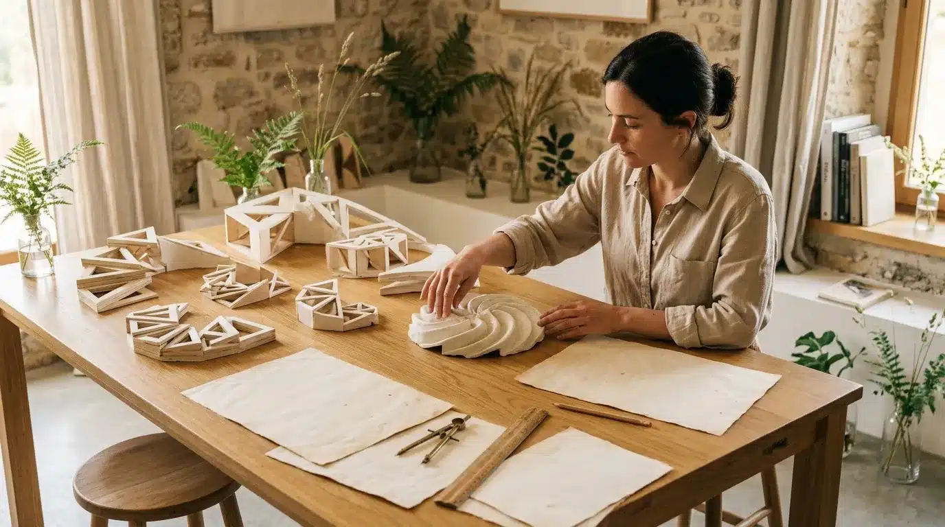 Femme designer créant des modèles architecturaux en bois blanc