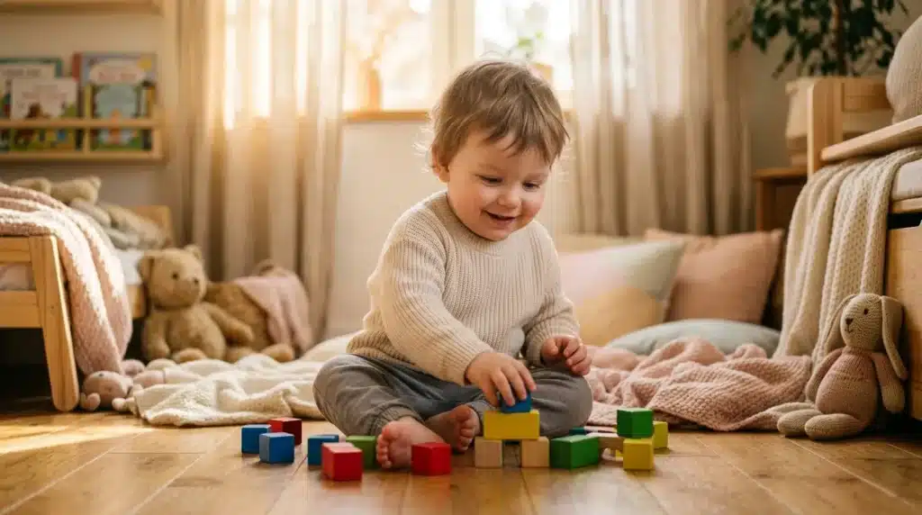 Jeune enfant souriant jouant avec des cubes de bois colorés